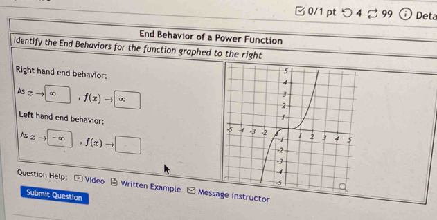 0/1 ptつ 4 99 Deta 
End Behavior of a Power Function 
Identify the End Behaviors for the function graphed to the right 
Right hand end behavior: 
is xto o | f(x) to ∞ 
Left hand end behavior: 
As
x -∞ 1 f(x)to | 
Question Help: Video Written Example Message instructor 
Submit Question