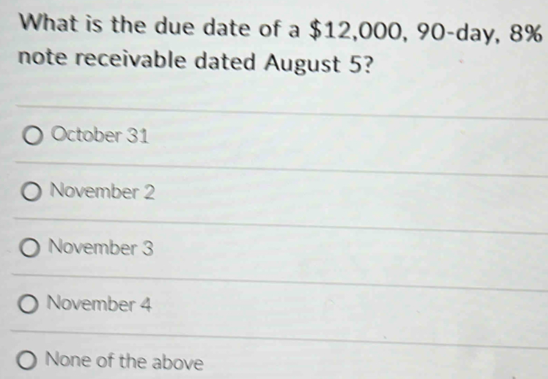 Solved: What is the due date of a $12,000, 90-day, 8% note receivable ...