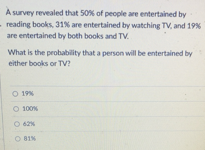 Solved: A survey revealed that 50% of people are entertained by ...