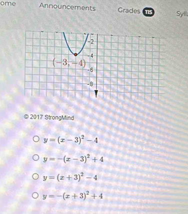 ome Announcements Grades 115 Syll.
2017 StrongMind
y=(x-3)^2-4
y=-(x-3)^2+4
y=(x+3)^2-4
y=-(x+3)^2+4