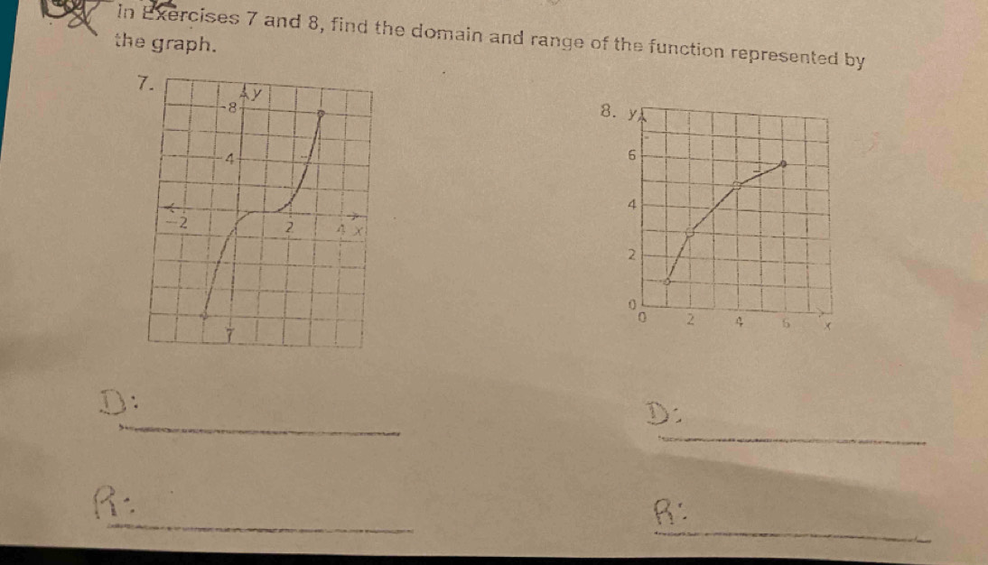 In Exercises 7 and 8, find the domain and range of the function represented by 
the graph. 
_ 
_ 
_ 
_