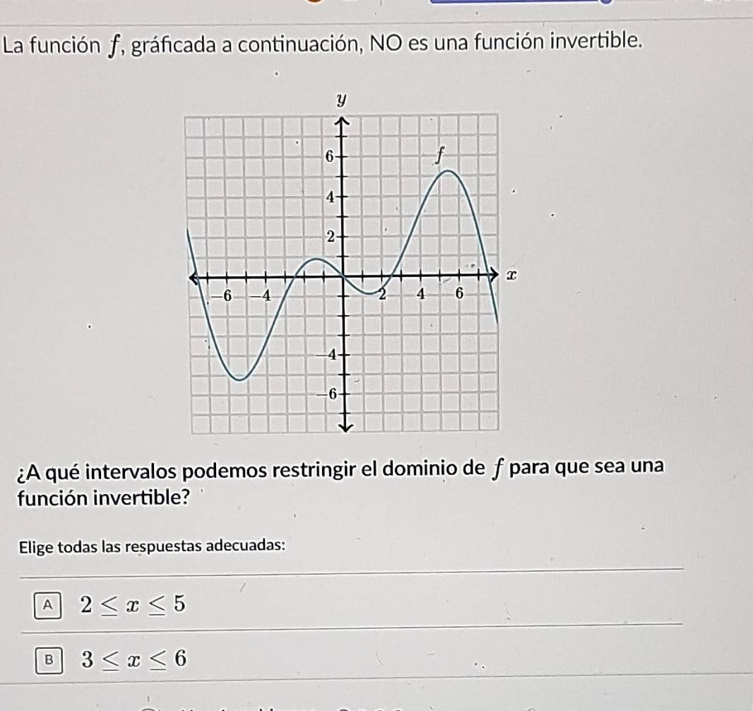 La función f, gráficada a continuación, NO es una función invertible.
¿A qué intervalos podemos restringir el dominio de ƒ para que sea una
función invertible?
Elige todas las respuestas adecuadas:
A 2≤ x≤ 5
B 3≤ x≤ 6