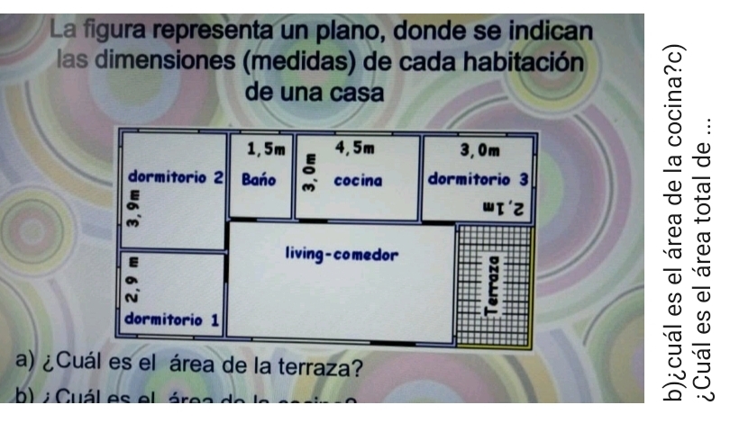 La figura representa un plano, donde se indican 
las dimensiones (medidas) de cada habitación 
de una casa 
a) ¿Cuál es el área de la terraza? 
u á l es e l áre d 
: