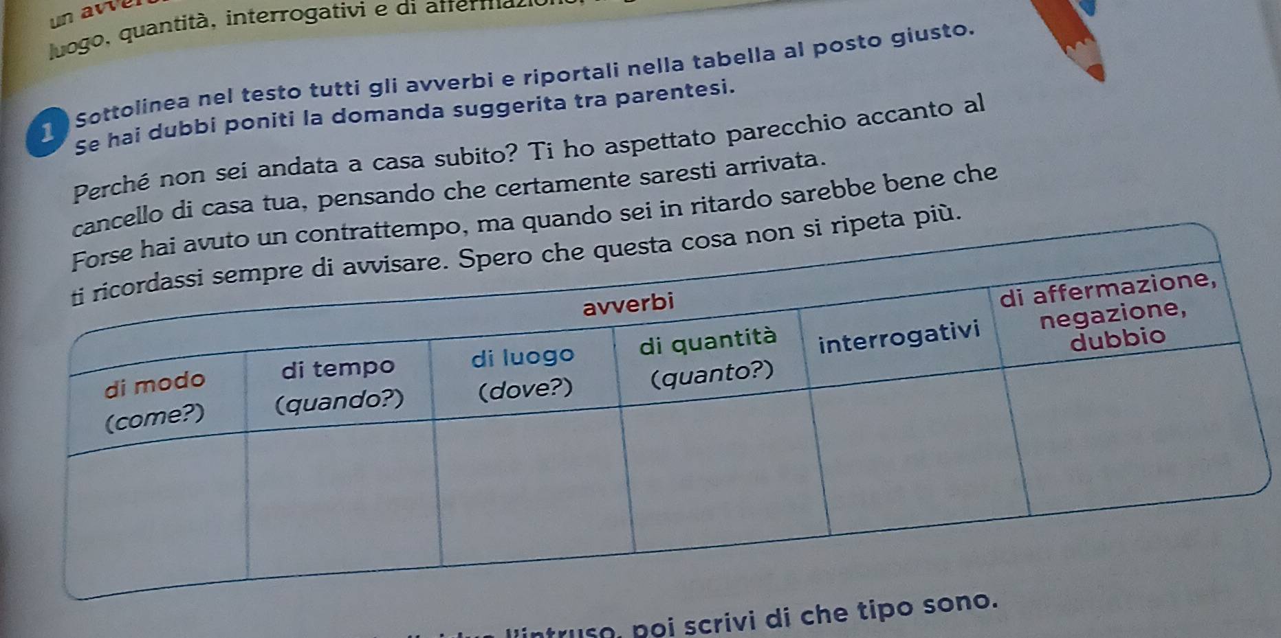 un aver 
luogo, quantità , interrogativi e di atterm 
Sottolinea nel testo tutti glí avverbi e riportali nella tabella al posto giusto. 
Se hai dubbi poniti la domanda suggerita tra parentesi. 
Perché non sei andata a casa subito? Ti ho aspettato parecchio accanto al 
ello di casa tua, pensando che certamente saresti arrivata. 
ando sei in ritardo sarebbe bene che 
a più. 
lintruso, poi scrivi di ch