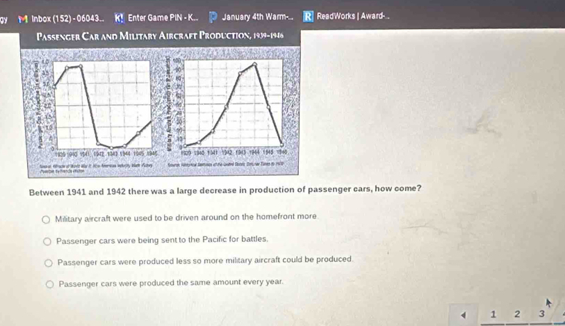 Dy M Inbox (152) - 06043... K! Enter Game PIN - K... January 4th Warm-... ReadWorks | Award- .
Passenger Car and Military Aircraft Production, 1939-1946
35
31
7 5°
en
13
10
1939 1940 1541 1942 1943 1944 1045 194
fasatin Aracie at Wovld Whe it He Amrstan iefurity Marte Watw
a t ó 
Between 1941 and 1942 there was a large decrease in production of passenger cars, how come?
Military aircraft were used to be driven around on the homefront more.
Passenger cars were being sent to the Pacific for battles.
Passenger cars were produced less so more military aircraft could be produced.
Passenger cars were produced the same amount every year.
1 2 3