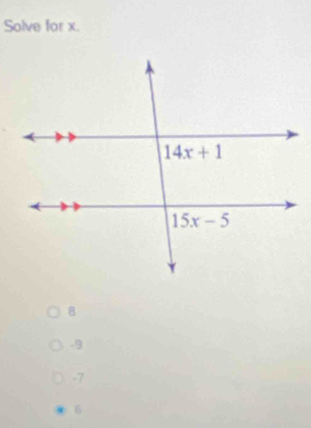 Solve for x.
8
-9
-7
6