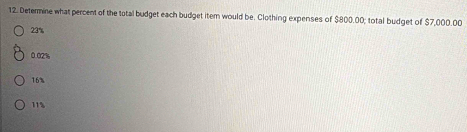 Determine what percent of the total budget each budget item would be. Clothing expenses of $800.00; total budget of $7,000.00
23%
0.02%
16%
11%