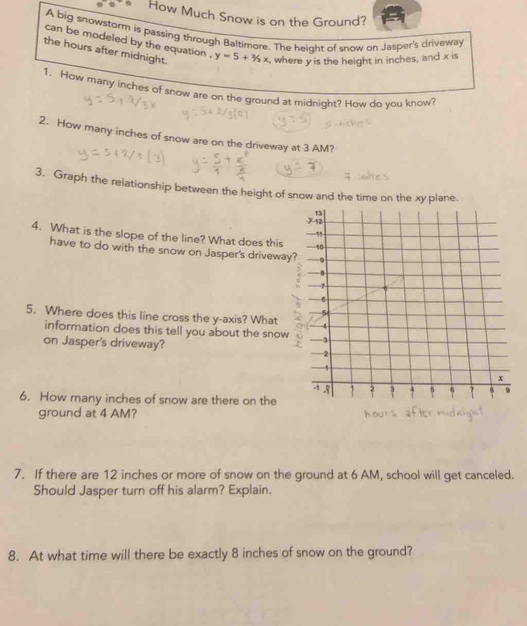 How Much Snow is on the Ground? 
A big snowstorm is passing through Baltimore. The height of snow on Jasper's driveway 
can be modeled by the equation . y=5+^2/_3x , where y is the height in inches, and x is 
the hours after midnight. 
1. How many inches of snow are on the ground at midnight? How do you know? 
2. How many inches of snow are on the driveway at 3 AM? 
3. Graph the relationship between the height of snow and the time on the xy plane. 
4. What is the slope of the line? What does this 
have to do with the snow on Jasper's driveway? 
5. Where does this line cross the y-axis? What 
information does this tell you about the snow 
on Jasper's driveway? 
6. How many inches of snow are there on the 
ground at 4 AM? 
7. If there are 12 inches or more of snow on the ground at 6 AM, school will get canceled. 
Should Jasper turn off his alarm? Explain. 
8. At what time will there be exactly 8 inches of snow on the ground?