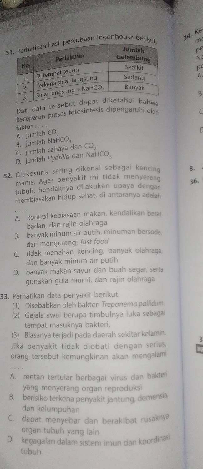 Ke
baan Ingenhousz berik
m
pe
N
pe
A.
B
Dari data ters
kecepatan proses fotosintesis dipengaruhi oleh
faktor C
A. jumlah CO_2
B. jumlah Nal HCO_3
C. jumlah cahaya dan CO_2
D. jumlah Hydrilla dan Na HCO_3
32. Glukosuria sering dikenal sebagai kencing B.
manis. Agar penyakit ini tidak menyerang
tubuh, hendaknya dilakukan upaya dengan 36.
membiasakan hidup sehat, di antaranya adalah
A. kontrol kebiasaan makan, kendalikan berat
badan, dan rajin olahraga
B. banyak minum air putih, minuman bersoda,
dan mengurangi fast food
C. tidak menahan kencing, banyak olahraga
dan banyak minum air putih
D. banyak makan sayur dan buah segar, serta
gunakan gula murni, dan rajin olahraga
33. Perhatikan data penyakit berikut.
(1) Disebabkan oleh bakteri Treponema pallidum.
(2) Gejala awal berupa timbulnya luka sebagai
tempat masuknya bakteri.
(3) Biasanya terjadi pada daerah sekitar kelamin.
3
Jika penyakit tidak diobati dengan serius,
orang tersebut kemungkinan akan mengalami
A. rentan tertular berbagai virus dan bakter
yang menyerang organ reproduksi
B. berisiko terkena penyakit jantung, demensia
dan kelumpuhan
C. dapat menyebar dan berakibat rusaknya
organ tubuh yang lain
D. kegagalan dalam sistem imun dan koordinasi
tubuh