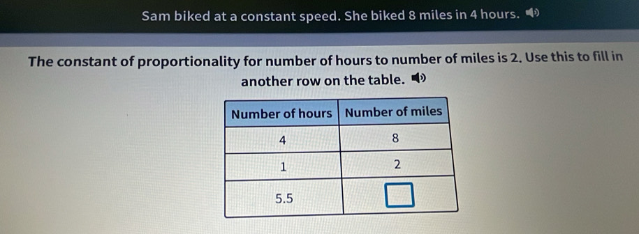 Sam biked at a constant speed. She biked 8 miles in 4 hours. 
The constant of proportionality for number of hours to number of miles is 2. Use this to fill in 
another row on the table.