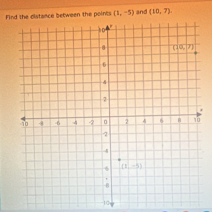 Find the distance between the points (1,-5) and (10,7).
10