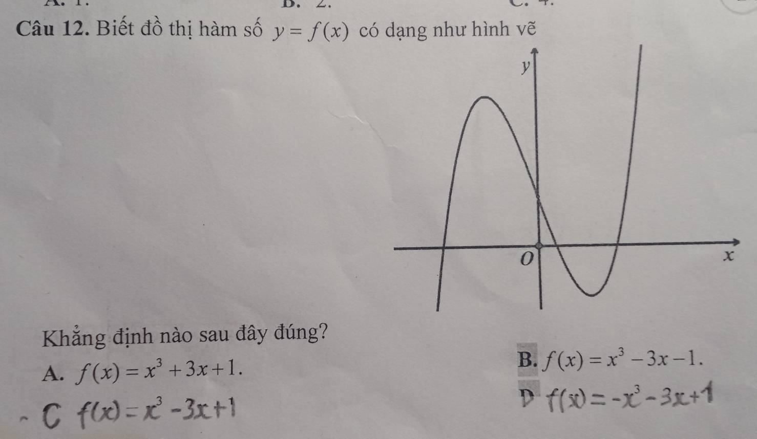 Z.
Câu 12. Biết đồ thị hàm số y=f(x) có dạng như hình vẽ
Khẳng định nào sau đây đúng?
A. f(x)=x^3+3x+1.
B. f(x)=x^3-3x-1. 
n