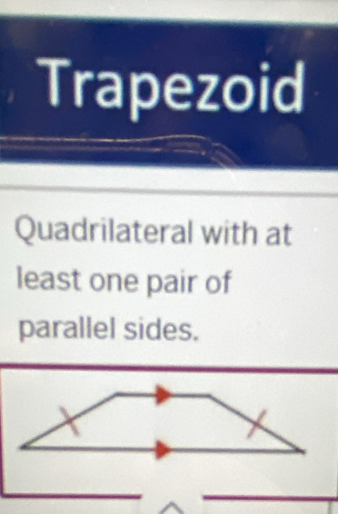 Trapezoid 
Quadrilateral with at 
least one pair of 
parallel sides.