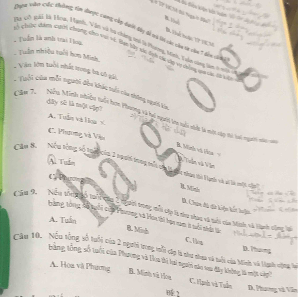 1 đi điào kiên ký
Lờ TP HCM thi Nga ờ đầu
B. Hind
Qựa vào các thông tin được cang cấp đướt đy đề tả li các của từ ca 7 đêa cháy
D. Huế hoặc TP VCM
- Tuần là anh trai Hoa.
Ba cô gải là Hoa, Hạnh, Văn vô ba chủng trí là Phơng, Minh, Tuần cùng làm ở một 
cổ chức dám cưới chung cho vui vệ. Bạn hy xác địh các cập vụ thẳng qua các đã kiện 
- Tuần nhiều tuổi hơn Mish.
Văn lớn tuổi nhất trong ba có gái
* Tuổi của mỗi người đều khác tuổi của shông người ka
dây sẽ là một cập?
Câu 7. Nếu Minh nhiều tuổi hơm Phương và hai người lớm tổi nhất là một cặp thì hai ngưi tian
A. Tuần và Hoa X
C. Phương và Văn
B. Minh và Hoa
A. Tuấn
4 Tuần và Văn
Câu 8. Nếu tổng số tuấn của 2 người trong mỗi cầa là đựu nhau thì Hạnh và ai là một cập
C. Ph
B. Minh
D. Chưa đú dữ kiện kết huậm
Câu 9. Nếu tổng cố tuổi của 2 người trong mỗi cặp là như nhau và tuổi của Minh và Hạnh cộng lại
bằng tổng số tuổi của Phương và Hoa thì bạn nam ít tuổi nhì
A. Tuấn
B. Minh C. Hoa
D. Phương
Câu 10. Nếu tổng số tuổi của 2 người trong mỗi cặp là như nhau và tuổi của Minh và Hạnh vộng lạ
bằng tổng số tuổi của Phương và Hoa thì hai người nào sau đây không là một cặp
A. Hoa và Phương B. Minh và Hoa C. Hạnh và Tuần D. Phương và Văn
Đè 2