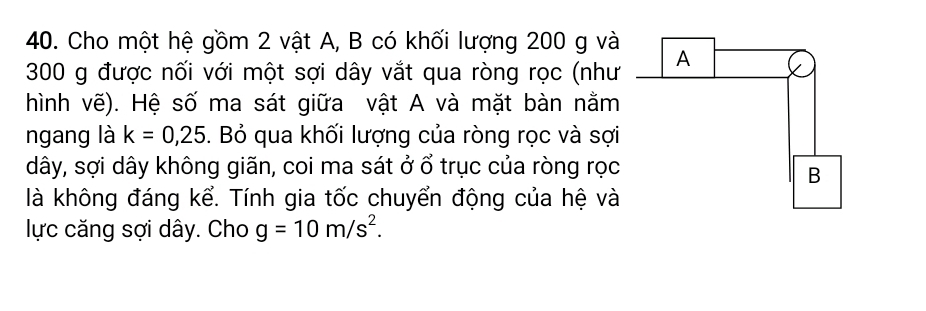 Cho một hệ gồm 2 vật A, B có khối lượng 200 g và
300 g được nối với một sợi dây vắt qua ròng rọc (như 
hình vẽ). Hệ số ma sát giữa vật A và mặt bàn nằm 
ngang là k=0,25. Bỏ qua khối lượng của ròng rọc và sợi 
dây, sợi dây không giãn, coi ma sát ở ổ trục của ròng rọc 
là không đáng kể. Tính gia tốc chuyển động của hệ và 
lực căng sợi dây. Cho g=10m/s^2.