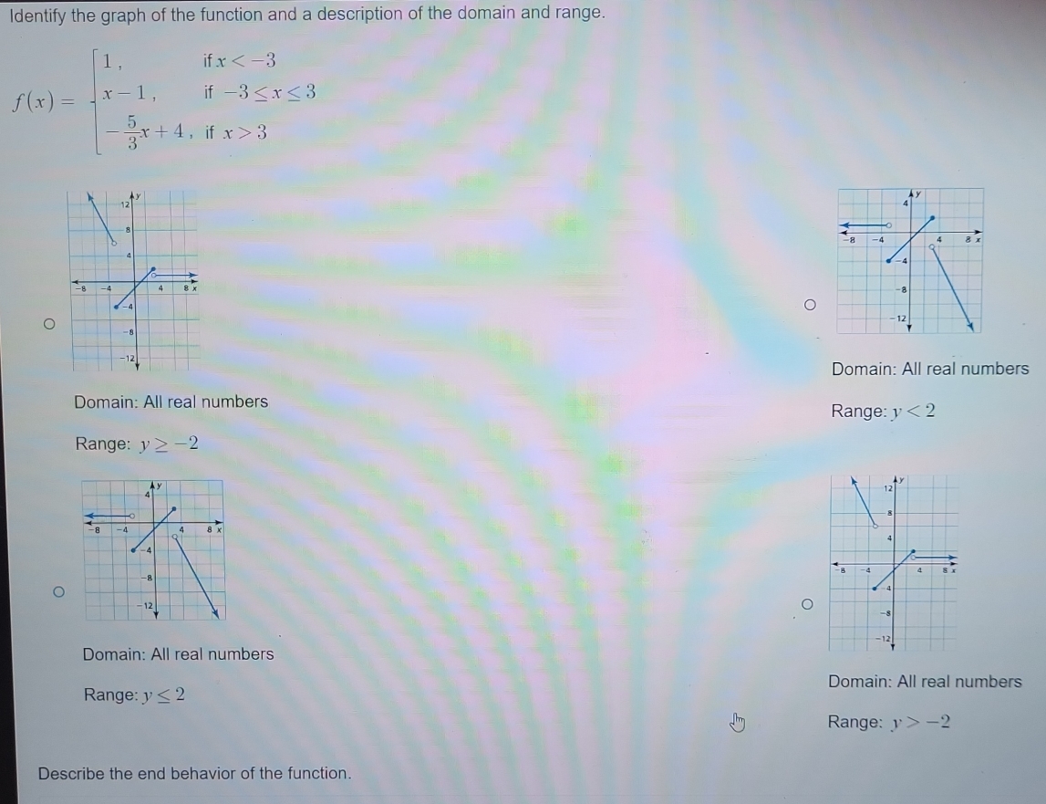 Identify the graph of the function and a description of the domain and range.
f(x)=beginarrayl 1,ifx 3endarray.

Domain: All real numbers
Domain: All real numbers
Range: y<2</tex>
Range: y≥ -2
Domain: All real numbers
Domain: All real numbers
Range: y≤ 2
Range: y>-2
Describe the end behavior of the function.