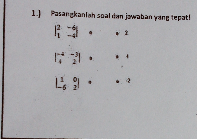 1.) Pasangkanlah soal dan jawaban yang tepat!
beginvmatrix 2&-6 1&-4endvmatrix · · · 2
beginvmatrix -4&-3 4&2endvmatrix
4
beginvmatrix 1&0 -6&2endvmatrix
-2