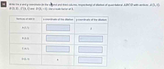 Write the a and y coordinate (in the surcond and third column, respectively) of dilation of quadrilateral ABCD with vertices A(1,1),
B(3,2),C(4,1) FeC D(2,-1). Like a scale factor of 2.