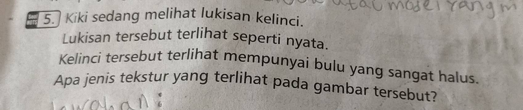 Kiki sedang melihat lukisan kelinci. 
Lukisan tersebut terlihat seperti nyata. 
Kelinci tersebut terlihat mempunyai bulu yang sangat halus. 
Apa jenis tekstur yang terlihat pada gambar tersebut?