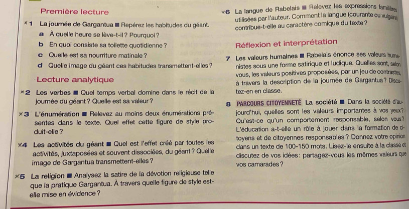 Première lecture
*6 La langue de Rabelais  Relevez les expressions familière
utilisées par l'auteur. Comment la langue (courante ou vulgaire)
* 1 La journée de Gargantua ' Repérez les habitudes du géant. contribue-t-elle au caractère comique du texte?
a À quelle heure se lève-t-il ? Pourquoi ?
b En quoi consiste sa toilette quotidienne? Réflexion et interprétation
C Quelle est sa nourriture matinale?
7 Les valeurs humaines * Rabelais énonce ses valeurs hum.
d Quelle image du géant ces habitudes transmettent-elles ? nistes sous une forme satirique et ludique. Quelles sont, selon
Lecture analytique vous, les valeurs positives proposées, par un jeu de contrastes,
à travers la description de la journée de Gargantua? Discu-
*2 Les verbes ■ Quel temps verbal domine dans le récit de la tez-en en classe.
journée du géant ? Quelle est sa valeur ?  8 PARCOURS CITOYENNETÉ La société = Dans la société d'au-
3 L'énumération * Relevez au moins deux énumérations pré- jourd'hui, quelles sont les valeurs importantes à vos yeux?
sentes dans le texte. Quel effet cette figure de style pro- Qu'est-ce qu'un comportement responsable, selon vous?
duit-elle ?  L'éducation a-t-elle un rôle à jouer dans la formation de ci-
toyens et de citoyennes responsables? Donnez votre opinion
*4 Les activités du géant * Quel est l'effet créé par toutes les dans un texte de 100-150 mots. Lisez-le ensuite à la classe et
activités, juxtaposées et souvent dissociées, du géant ? Quelle  discutez de vos idées: partagez-vous les mêmes valeurs que
image de Gargantua transmettent-elles ? vos camarades ?
*5 La religion * Analysez la satire de la dévotion religieuse telle
que la pratique Gargantua. À travers quelle figure de style est-
elle mise en évidence ?