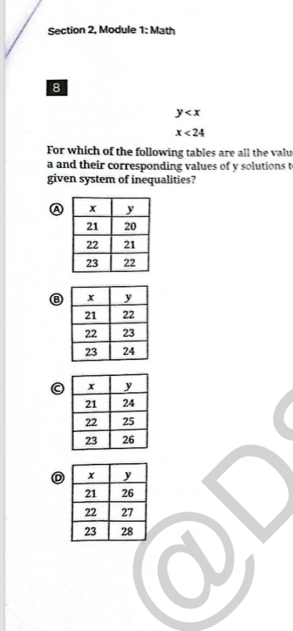 Section 2, Module 1: Math
8
y
x<24</tex> 
For which of the following tables are all the valu
a and their corresponding values of y solutions t
given system of inequalities?
A
C
D