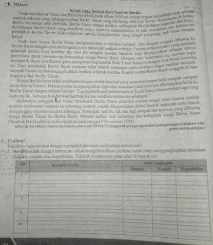 Materi
Kisah yang Tervisa dari Tembok Berlin
Pada saat Bérlin Timar dan Barat berselisih pada tahun 1950-an. kedua negara dipisahkan oleb scbua
rembok raksasa yang dibangun pihak Berlin Timur vanz disojone oleh Uni Soviet. Kehidupan di kedu
Berlin ins sangat jauß berbeda. Berlin Timur sangat miskin, sedanzkan Berlin Bang makmur dan kaya
Kehidupan Berlin Barat yang demikian maju, nəpanya menimbulkan iri hati mendalans dan kebencian
langit. penduduk Berlín Timür. Ada disparitas jurang kesejähteraan vane sanuas temblang, bak bunsi dengan
Suatu hari warga Berlin Timur mengumpulkan tumnukan samnah. lalu dengan sengaja dibuang k
Berlin Barat dengan cara melempark annya melewaśi tembok setinegs 3 meter bérka w at duri y Ank thenjad
perisah kedua kota kemhar itu. Hal itu sengaja mereka takme te fmaksodkan sebaatal ne in
provokasi untuk memancing kemarahan warga Berlin Barat. Dengán cars 'sederhana' ims, mere kamerik
memantik chaos (keributan) guna memperuncing konflik Blok Timi Rusia es dengan blok Barał Amerika
cs. Tapi, penduduk Berlin Barat temyata tidak marah walaupun narks awalnya kaget melihat sampal
dutaan mhak Berlín Timar sampah busuk itu bertebaran di dekat tembok wilayah mereka. Reaksi warga Beriin Harat sungguh di luar
Warga Berlín Barat tidak membalas dengan melakukan hal yang sama (melempar balik sampah-sampah
itu ke Berlín Timur). Mereka justru mengumpulkan sejumlah makinan vang lezat ialu dilemparkan balik ke
Berlin Timur dengan sebuah talisan: ''Terima kasih atas pemberiannya. Kami hanya bisa memberi apa yang
kami miliki. Semoga bisa bermanfaat bagi kalian, saudara-saudaraku sebangsa."
Akibatnya, sungguh luar biasa! Penduduk Berlin Timur akhirnya merasa sangat malu karena setelah
mereka melempari sampah ke seberang tembok, malah dikemhatikan dalam bentuk makanan serta masih
menganggap mereka saudara sebangsa. Semenjak saat itu, tak ada lagi sampah dan kotoran yang dibuang
warga Berfin Timur ke Berlín Barat. Mereka takluk oleh kebaikan dan kebajikan warga Berlin Barat
(Terbok Berlin akhirnya diruntuhkan pada tanggal 9 November 1989)
(dikutip dari https://metro.sindonews.com/read/150192/171/inspiratif-petugas-ppsu-duri-pulopatungan-sediakan-wi$
gratis-untuk-pelajar
C. Evaluas:
Kerjakan tugas berikut dengan mengikuti petunjuk pada setiap nomor soal!
1. Berdaskusilah dengan temanmu untuk mengidentifikasi petikan cerita yang menggungkapkan perasaan