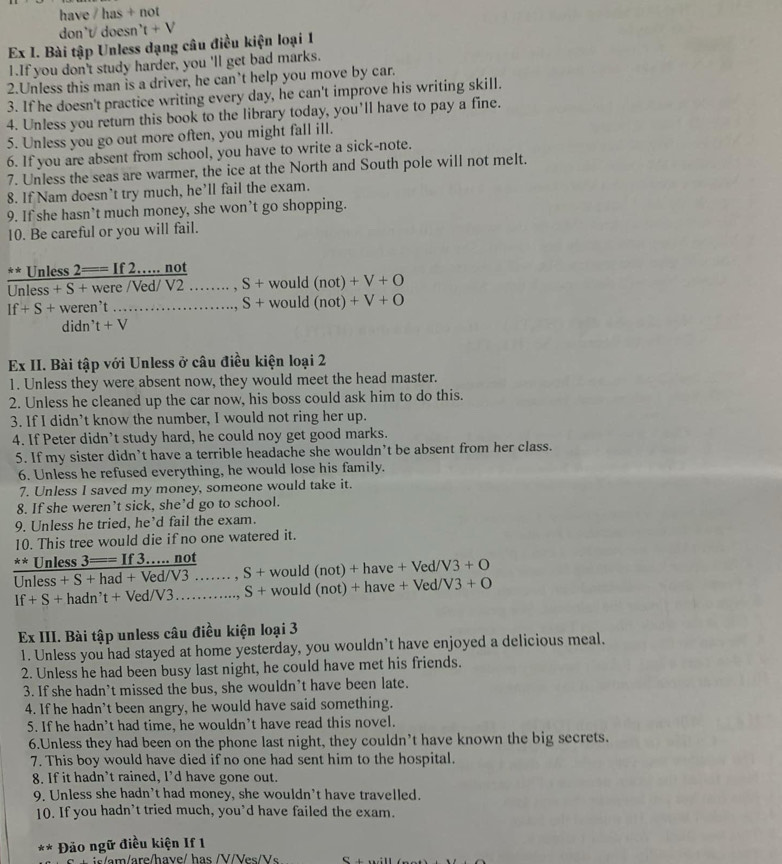 have / has +not
don't doesn' t+V
Ex I. Bài tập Unless dạng câu điều kiện loại 1
1.If you don't study harder, you 'll get bad marks.
2.Unless this man is a driver, he can’t help you move by car.
3. If he doesn't practice writing every day, he can't improve his writing skill.
4. Unless you return this book to the library today, you’ll have to pay a fine.
5. Unless you go out more often, you might fall ill.
6. If you are absent from school, you have to write a sick-note.
7. Unless the seas are warmer, the ice at the North and South pole will not melt.
8. If Nam doesn’t try much, he’ll fail the exam.
9. If she hasn’t much money, she won’t go shopping.
10. Be careful or you will fail.
** Unless 2==If2....not
overline Unless+S+ were /V ed/V2 S+ would(not)+V+O
If+S+ weren’t S+ would (not)+V+O.,
didn 't+V
Ex II. Bài tập với Unless ở câu điều kiện loại 2
1. Unless they were absent now, they would meet the head master.
2. Unless he cleaned up the car now, his boss could ask him to do this.
3. If I didn’t know the number, I would not ring her up.
4. If Peter didn’t study hard, he could noy get good marks.
5. If my sister didn’t have a terrible headache she wouldn’t be absent from her class.
6. Unless he refused everything, he would lose his family.
7. Unless I saved my money, someone would take it.
8. If she weren’t sick, she’d go to school.
9. Unless he tried, he’d fail the exam.
10. This tree would die if no one watered it.
** Unless . 3==If 3...not ,S+would(not)+have+Ved/V3+O
U less+S+had+Ved/V3....
If+S+hadn't+Ved/V3.-... ,S+would(not)+have+Ved/V3+O
Ex III. Bài tập unless câu điều kiện loại 3
1. Unless you had stayed at home yesterday, you wouldn’t have enjoyed a delicious meal.
2. Unless he had been busy last night, he could have met his friends.
3. If she hadn’t missed the bus, she wouldn’t have been late.
4. If he hadn’t been angry, he would have said something.
5. If he hadn’t had time, he wouldn’t have read this novel.
6.Unless they had been on the phone last night, they couldn’t have known the big secrets.
7. This boy would have died if no one had sent him to the hospital.
8. If it hadn’t rained, I’d have gone out.
9. Unless she hadn't had money, she wouldn't have travelled.
10. If you hadn’t tried much, you’d have failed the exam.
** Đảo ngữ điều kiện If 1
s a m/ a  e/h av e / h  s  V V   V