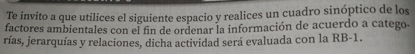 Te invito a que utilices el siguiente espacio y realices un cuadro sinóptico de los 
factores ambientales con el fin de ordenar la información de acuerdo a catego- 
rías, jerarquías y relaciones, dicha actividad será evaluada con la RB -1.