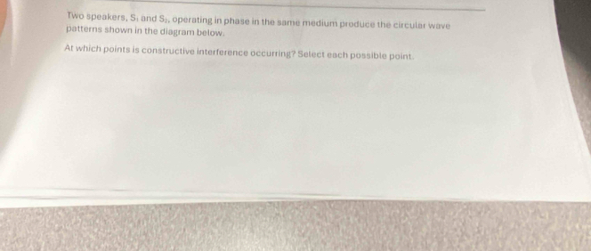 Two speakers, S : and S_2 operating in phase in the same medium produce the circular wave 
patterns shown in the diagram below. 
At which points is constructive interference occurring? Select each possible point.