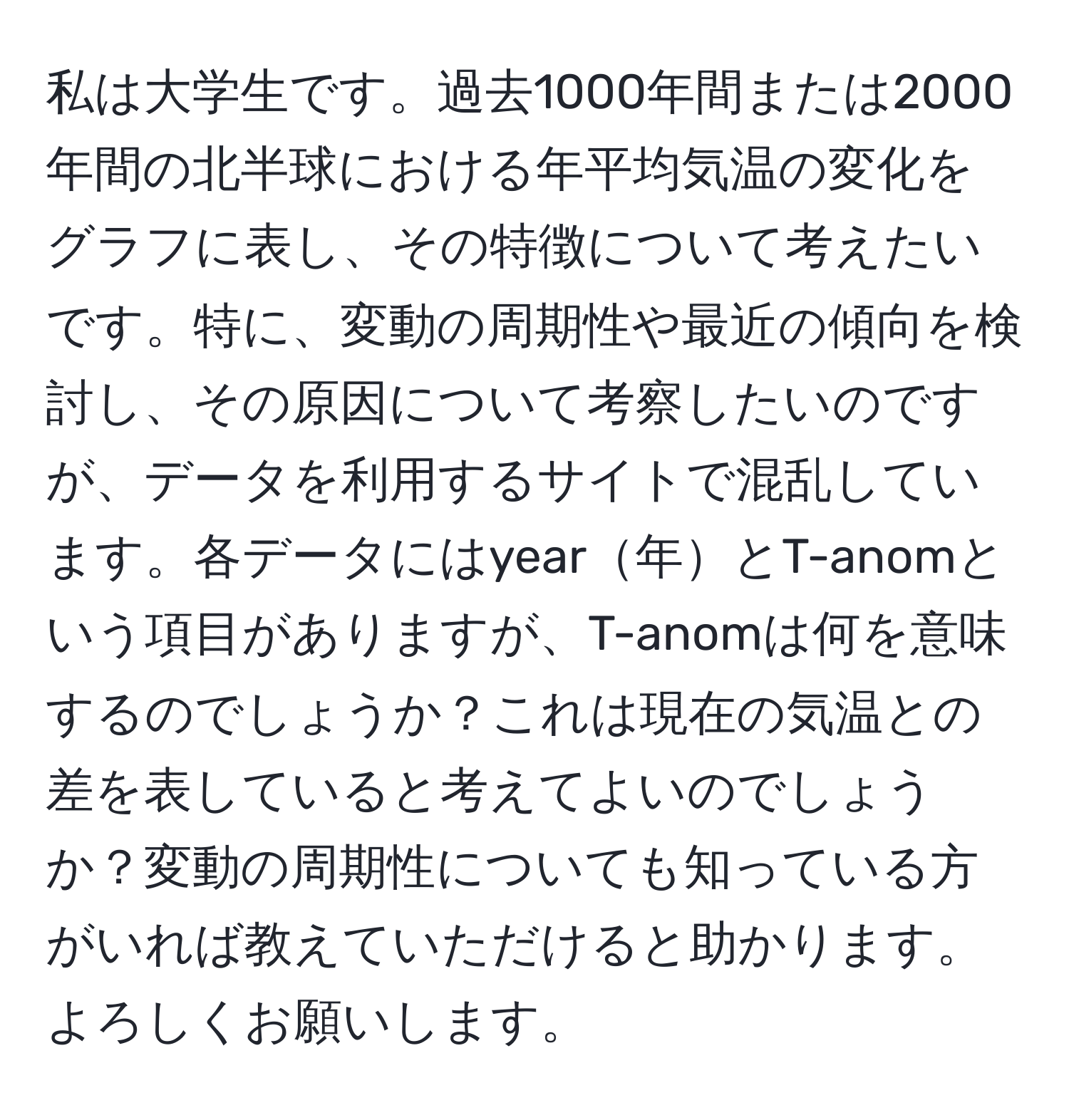 私は大学生です。過去1000年間または2000年間の北半球における年平均気温の変化をグラフに表し、その特徴について考えたいです。特に、変動の周期性や最近の傾向を検討し、その原因について考察したいのですが、データを利用するサイトで混乱しています。各データにはyear年とT-anomという項目がありますが、T-anomは何を意味するのでしょうか？これは現在の気温との差を表していると考えてよいのでしょうか？変動の周期性についても知っている方がいれば教えていただけると助かります。よろしくお願いします。