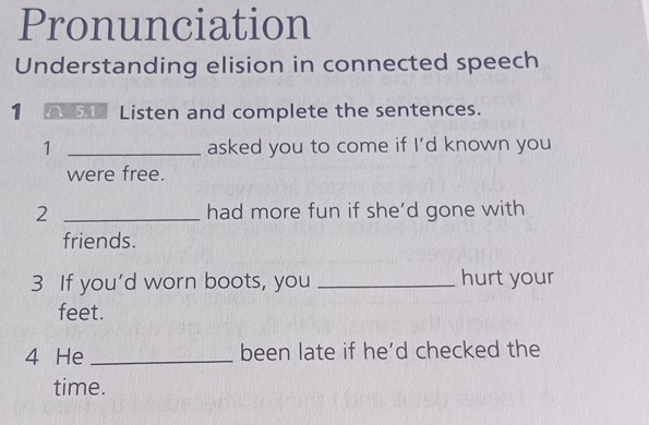 Pronunciation 
Understanding elision in connected speech 
1 5 Listen and complete the sentences. 
1 _asked you to come if I’d known you 
were free. 
2 _had more fun if she’d gone with 
friends. 
3 If you’d worn boots, you _hurt your 
feet. 
4 He _been late if he’d checked the 
time.