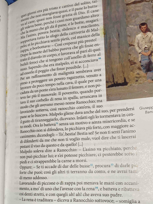 quei giorni era più tristo e cattivo del solito, tal-
mente che non mangiava quasi, e il pane lo butta-
va al cane, quasi non fosse grazia di Dio. Il cane
gli voleva bene, perché i cani non guardano altro
che la mano che gli dà il pane, e le botte, magari.
Ma l'asino, povera bestia, sbilenco e macilento,
sopportava tutto lo sfogo della cattiveria di Mal-
pelo; ei lo picchiava senza pietà, col manico della
zappa, e borbottava: - Così creperai più presto!
Dopo la morte del babbo pareva che gli fosse en-
trato il diavolo in corpo, e lavorava al pari di quei
bufali feroci che si tengono coll’anello di ferro al
naso. Sapendo che era malpelo, ei si acconciava 
ad esserlo il peggio che fosse possibile. [...]
Per un raffinamento di malignità sembrava aver
preso a proteggere un povero ragazzetto, venuto a
]avorare da poco tempo nella cava, il quale per una
caduta da un ponte s’era lussato il femore, e non po-
teva far più il manovale. Il poveretto, quando por-
tava il suo corbello di rena in spalla, arrancava in
modo che gli avevano messo nome Ranocchio; ma
lavorando sotterra, così ranocchio comera, il suo
pane se lo buscava. Malpelo gliene dava anche del suo, per prendersi Giusepp
il gusto di tiranneggiarlo, dicevano. Infatti egli lo tormentava in cen- Bam
to modi. Ora lo batteva” senza un motivo e senza misericordia, e se
Ranocchio non si difendeva, lo picchiava più forte, con maggiore ac-
canimento, dicendogli: - To’, bestia! Bestia sei! Se non ti senti l’animo
di difenderti da me che non ti voglio male, vuol dire che ti lascerai
pestare il viso da questo e da quello! [...]
Malpelo soleva dire a Ranocchio: - Lasino va picchiato, perchó
non può picchiar lui; e s’i potesse picchiare, ci pesterebbe sotto i
piedi e ci strapperebbe la carne a morsi.
Oppure: - Se ti accade di dar delle buss e^3 ², procura.33 di darle più
forte che puoi; così gli altri ti terranno da conto, e ne avrai tanti
di meno addosso.
Lavorando di piccone o di zappa poi menava le mani con accani-
mento, a mo’ di uno che l’avesse con la rena ³, e batteva e ribatteva
coi denti stretti, e con quegli ah! ah! che aveva suo padre.
- La rena è traditora - diceva a Ranocchio sottovoce; - somiglia a