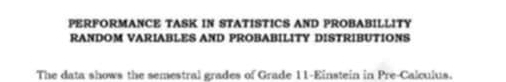 PERFORMANCE TASK IN STATISTICS AND PROBABILLITY 
RANDOM VARIABLES AND PROBABILITY DISTRIBUTIONS 
The data shows the semestral grades of Grade 11 -Einstein in Pre-Calculus.