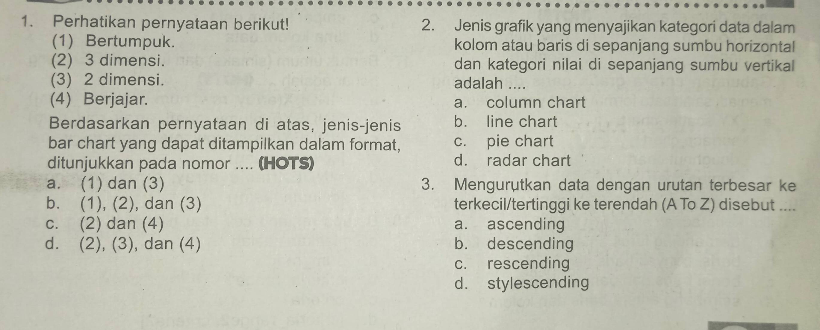 Perhatikan pernyataan berikut! 2. Jenis grafik yang menyajikan kategori data dalam
(1) Bertumpuk. kolom atau baris di sepanjang sumbu horizontal
(2) 3 dimensi. dan kategori nilai di sepanjang sumbu vertikal
(3) 2 dimensi. adalah ....
(4) Berjajar. a. column chart
Berdasarkan pernyataan di atas, jenis-jenis
b. line chart
bar chart yang dapat ditampilkan dalam format, c. pie chart
ditunjukkan pada nomor .... (HOTS)
d. radar chart
a. (1) dan (3) 3. Mengurutkan data dengan urutan terbesar ke
b. (1), (2), dan (3) terkecil/tertinggi ke terendah (A To Z) disebut ....
c. (2) dan (4) a. ascending
d. (2), (3), dan (4) b. descending
c. rescending
d. stylescending