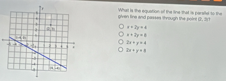 What is the equation of the line that is parallel to the
given line and passes through the point (2,3) ?
x+2y=4
x+2y=8
2x+y=4
2x+y=8