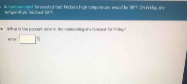 A meteorologist forecasted that Friday's high temperature would be 5B°F. On Friday, the 
temperature reached 50°F. 
What is the percent error in the meteorologist's forecast for Friday? 
error; □ %