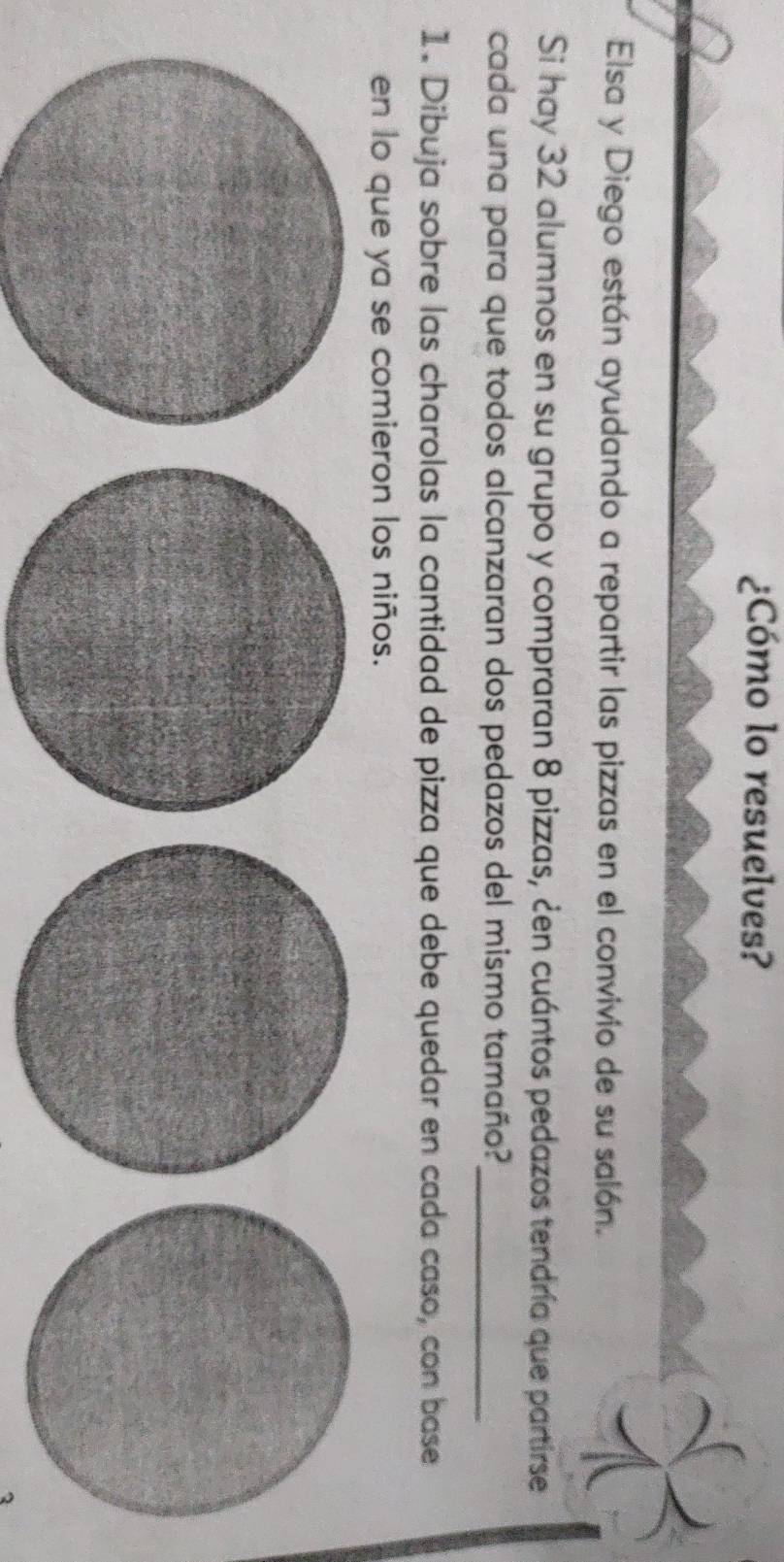 ¿Cómo lo resuelves? 
Elsa y Diego están ayudando a repartir las pizzas en el convivio de su salón. 
Si hay 32 alumnos en su grupo y compraran 8 pizzas, ¿en cuántos pedazos tendría que partirse 
cada una para que todos alcanzaran dos pedazos del mismo tamaño?_ 
1. Dibuja sobre las charolas la cantidad de pizza que debe quedar en cada caso, con base 
en lo que ya se comieron los niños.