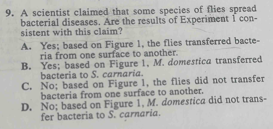 A scientist claimed that some species of flies spread
bacterial diseases. Are the results of Experiment 1 con-
sistent with this claim?
A. Yes; based on Figure 1, the flies transferred bacte-
ria from one surface to another.
B. Yes; based on Figure 1, M. domestica transferred
bacteria to S. carnaria.
C. No; based on Figure 1, the flies did not transfer
bacteria from one surface to another.
D. No; based on Figure 1, M. domestica did not trans-
fer bacteria to S. carnaria.