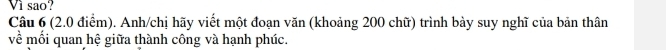 Vi sao? 
Câu 6 (2.0 điểm). Anh/chị hãy viết một đoạn văn (khoảng 200 chữ) trình bày suy nghĩ của bản thân 
về mối quan hệ giữa thành công và hạnh phúc.