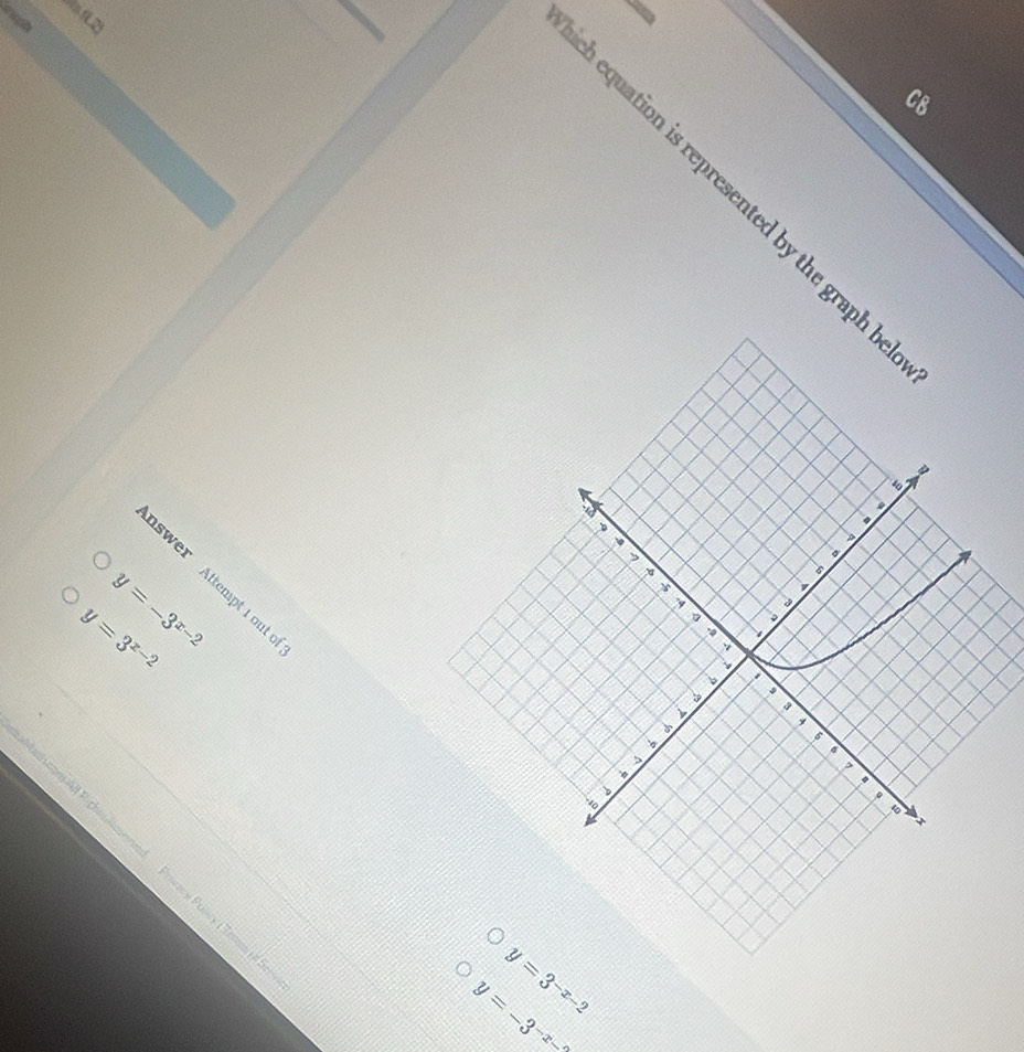 CB
equation is represented by the graph .
swer Attempt 1 out
y=-3^(x-2)
a
y=3^(x-2)
3^(。
b
-
y
~9
。
-10
Riphaplimen

y=3^-x-2)
y=-3^(-x-2)