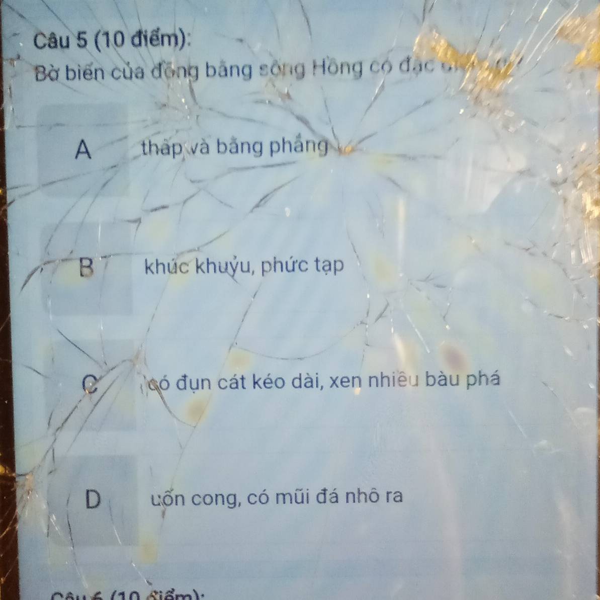 Bờ biến của đồng bảng sông ồng có đạ c đ
A thấp và bằng phắng
B khúc khuỷu, phức tạp
C Tcó đụn cát kéo dài, xen nhiều bàu phá
D uốn cong, có mũi đá nhô ra