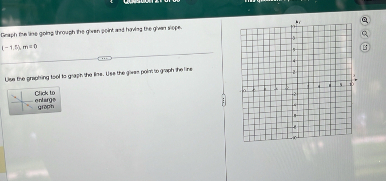 Questior 
Graph the line going through the given point and having the given slope. 
a
(-1,5), m=0
Use the graphing tool to graph the line. Use the given point to graph the line. 
Click to 
enlarge 
graph