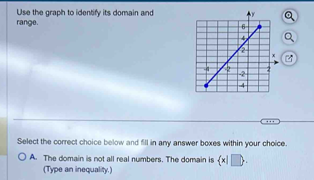 Use the graph to identify its domain and
range.
?
Select the correct choice below and fill in any answer boxes within your choice.
A. The domain is not all real numbers. The domain is  x|□ . 
(Type an inequality.)