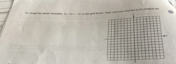 tanity? 23. Graph the linear inequality 2x-5y>-15 on the grid beloone point that lies in its solution set.