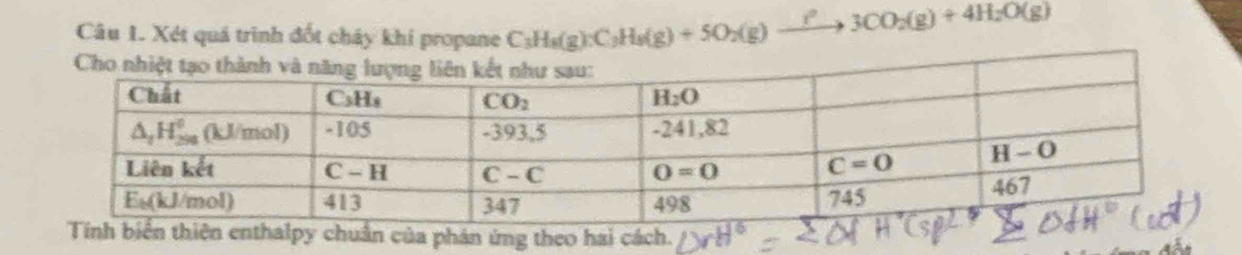 Xét quá trình đốt cháy khí propane C_3H_8(g):C_3H_8(g)+5O_2(g)to _ ?3CO_2(g)+4H_2O(g)
Tính biển thiên enthalpy chuẩn của phán ứng theo hai cách.