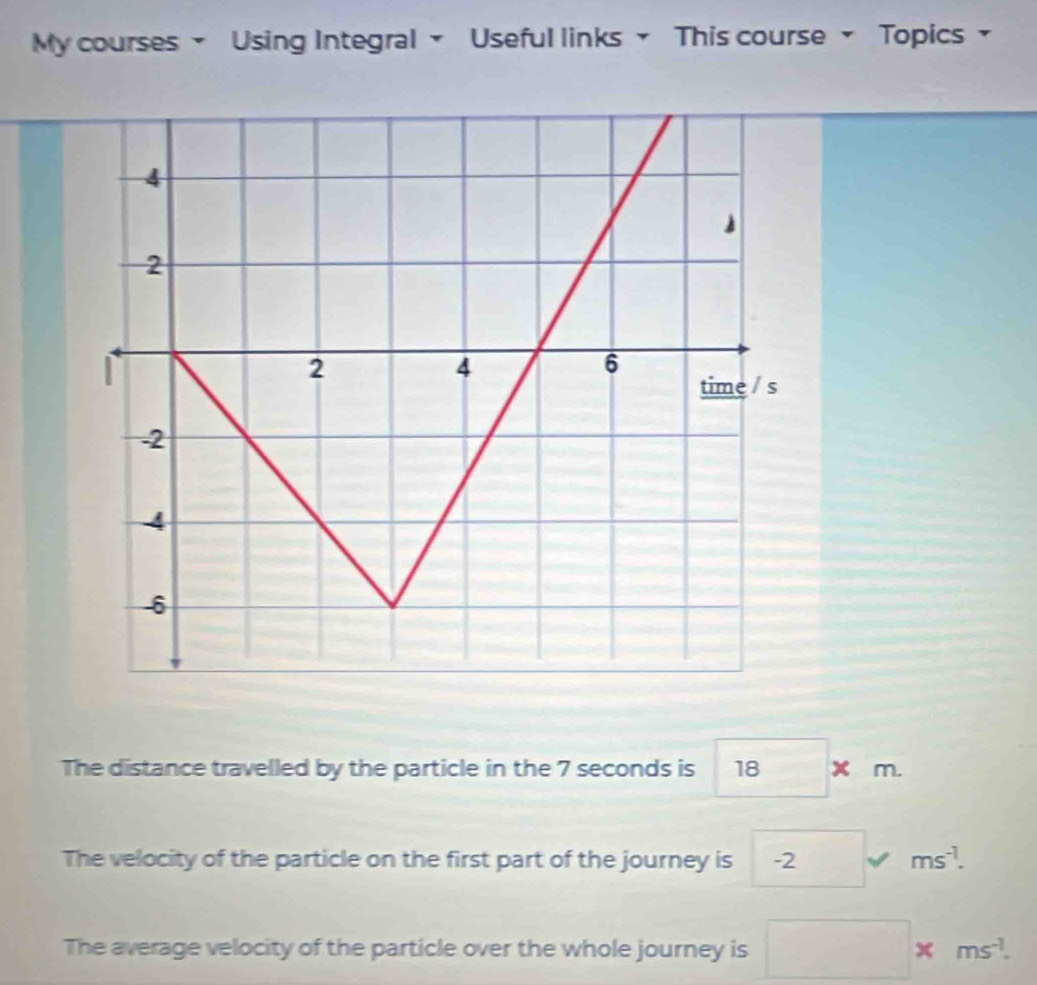 My courses ~ Using Integral ~ Useful links ~ This course ~ Topics ~
The distance travelled by the particle in the 7 seconds is 18* m
The velocity of the particle on the first part of the journey is .
The average velocity of the particle over the whole journey is □ * ms^(-1).