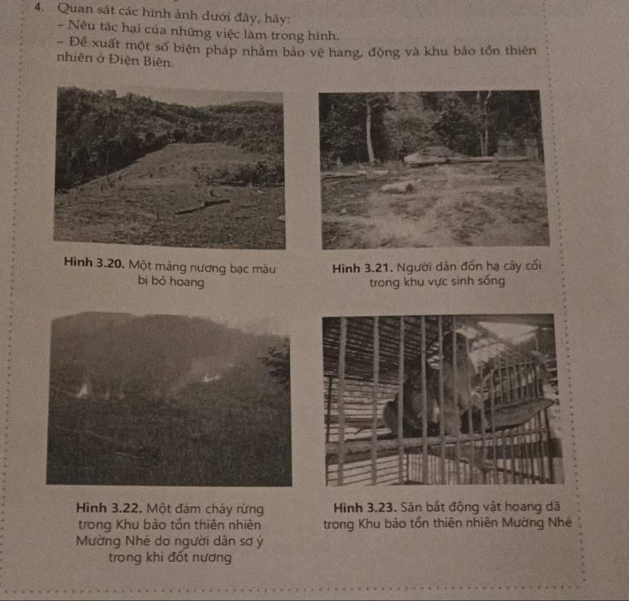 Quan sát các hình ảnh dưới đây, hãy: 
- Nêu tác hại của những việc làm trong hình. 
- Để xuất một số biện pháp nhăm bảo vệ hang, động và khu bảo tồn thiên 
nhiên ở Điện Biên. 
Hình 3.20. Một mảng nương bạc màu Hình 3.21. Người dân đốn hạ cây cối 
bị bỏ hoang trong khu vực sinh sống 
Hình 3.22. Một đám cháy rừng Hình 3.23. Săn bắt động vật hoang dã 
trong Khu bào tồn thiên nhiên trong Khu bảo tồn thiên nhiên Mường Nhé 
Mường Nhé do người dân sơ ý 
trong khi đốt nương