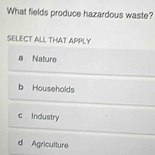 What fields produce hazardous waste?
SELECT ALL THAT APPLY
a Nature
b Households
c Industry
d Agriculture