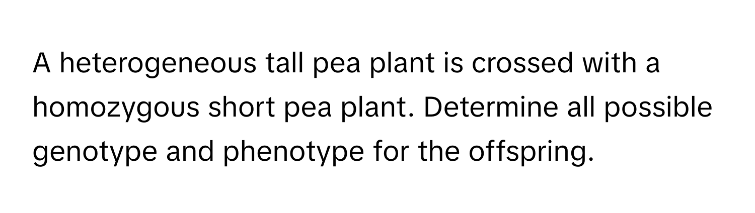 A heterogeneous tall pea plant is crossed with a homozygous short pea plant. Determine all possible genotype and phenotype for the offspring.