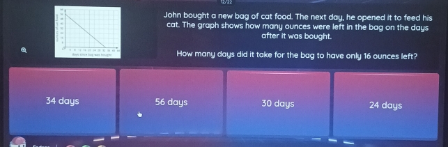 John bought a new bag of cat food. The next day, he opened it to feed his
cat. The graph shows how many ounces were left in the bag on the days
after it was bought.
How many days did it take for the bag to have only 16 ounces left?
34 days 56 days 30 days 24 days